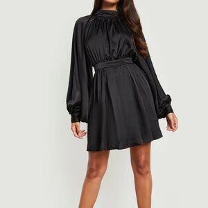 Boohoo Black Long Sleeve Satin Dress